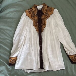 Zimmermann White and Brown Embroidered Button Down Shirt